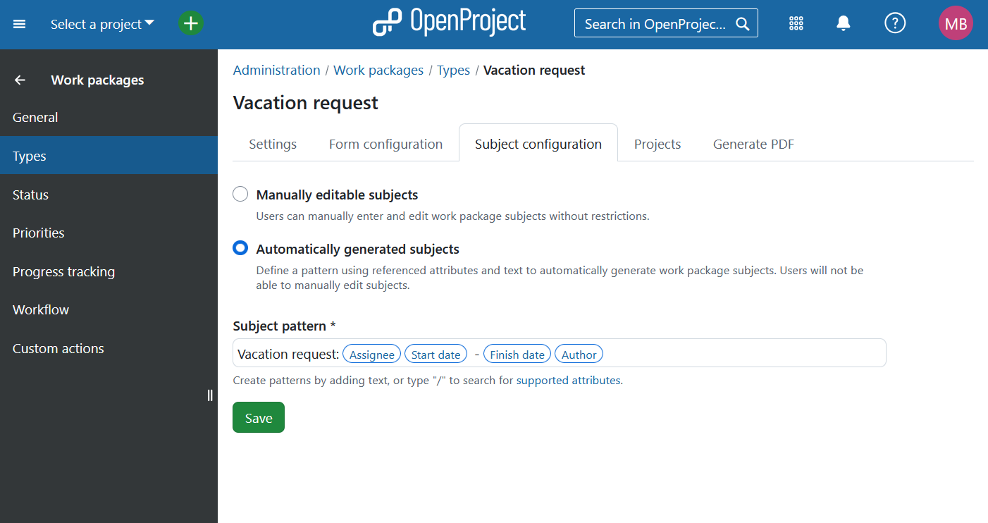 Paramètres pour la génération automatique des sujets du lot de travaux dans OpenProject