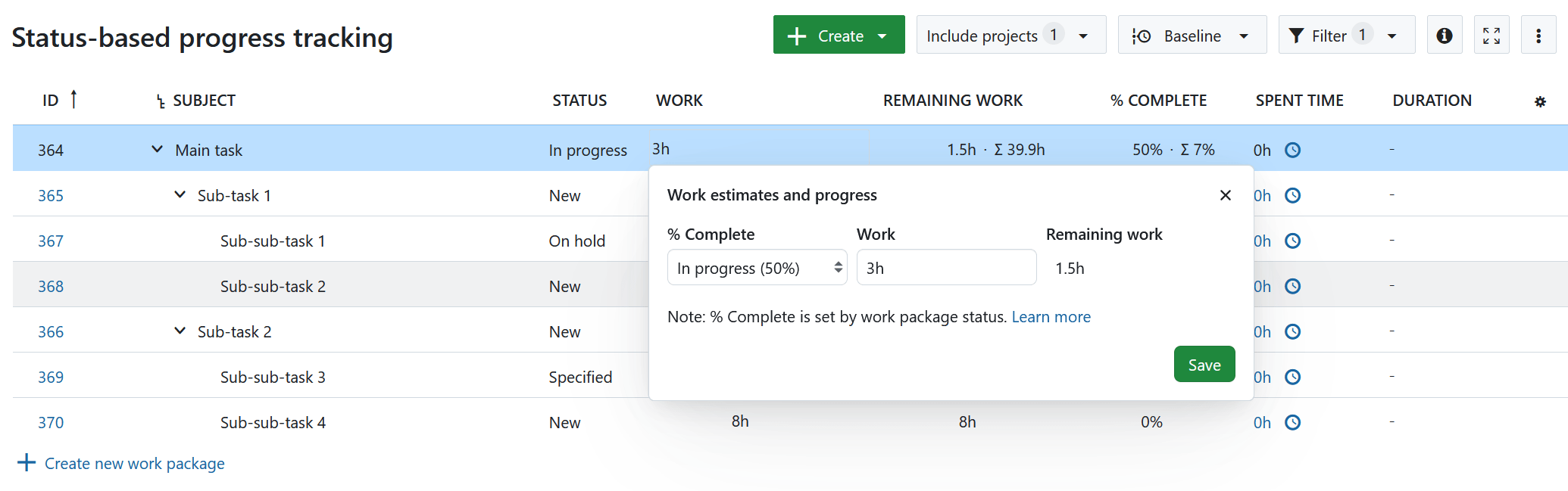 tabela do pacote de trabalho que apresenta o relatório de progresso baseado no estado