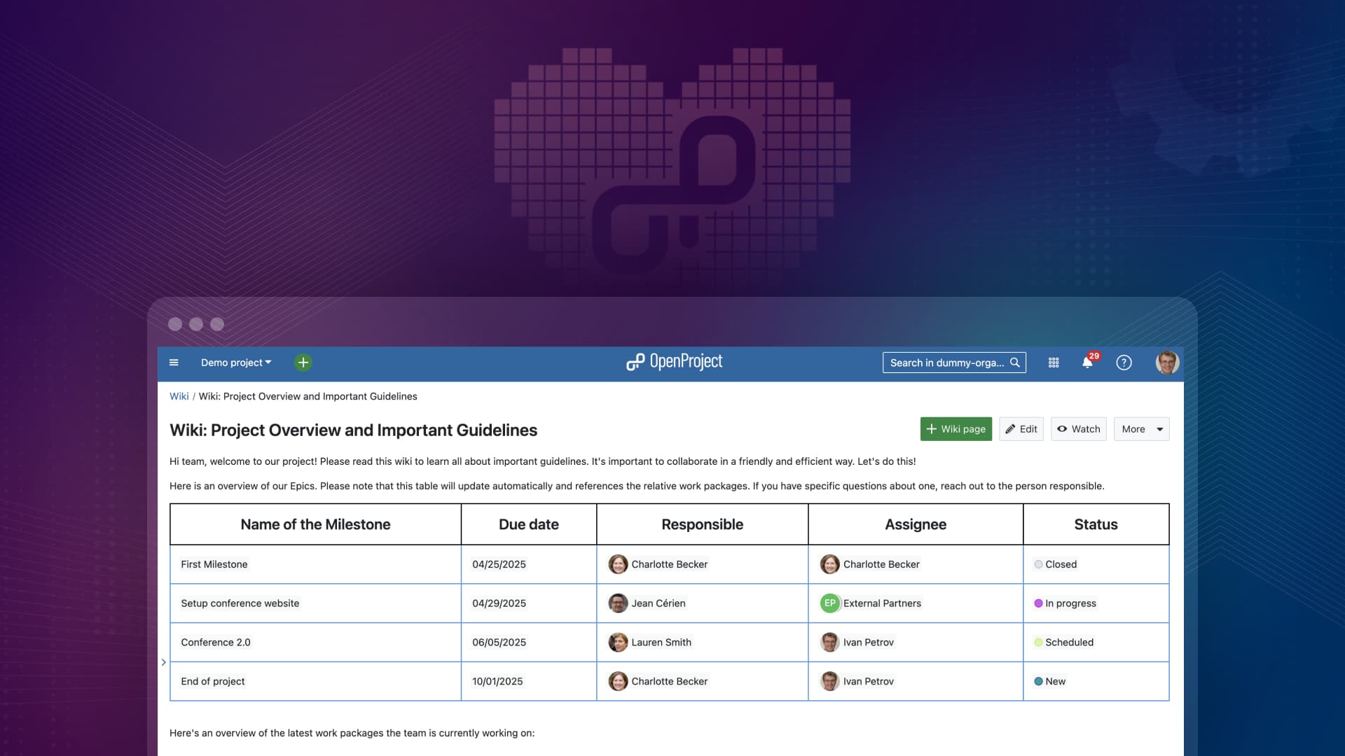 Exemple d'utilisation de macros dans un wiki d'OpenProject Exemple d'utilisation de macros dans un wiki d'OpenProject