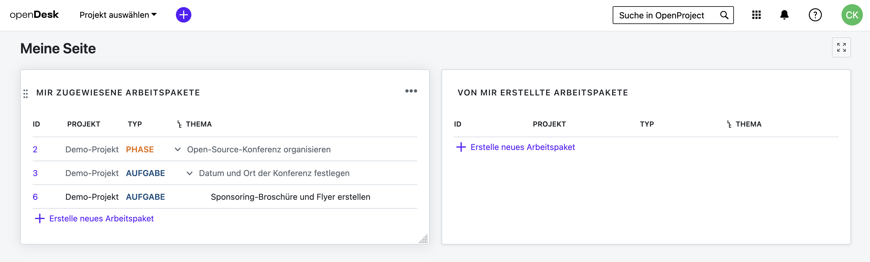 Ejemplo de captura de pantalla: Gestión de proyectos en openDesk 1.0