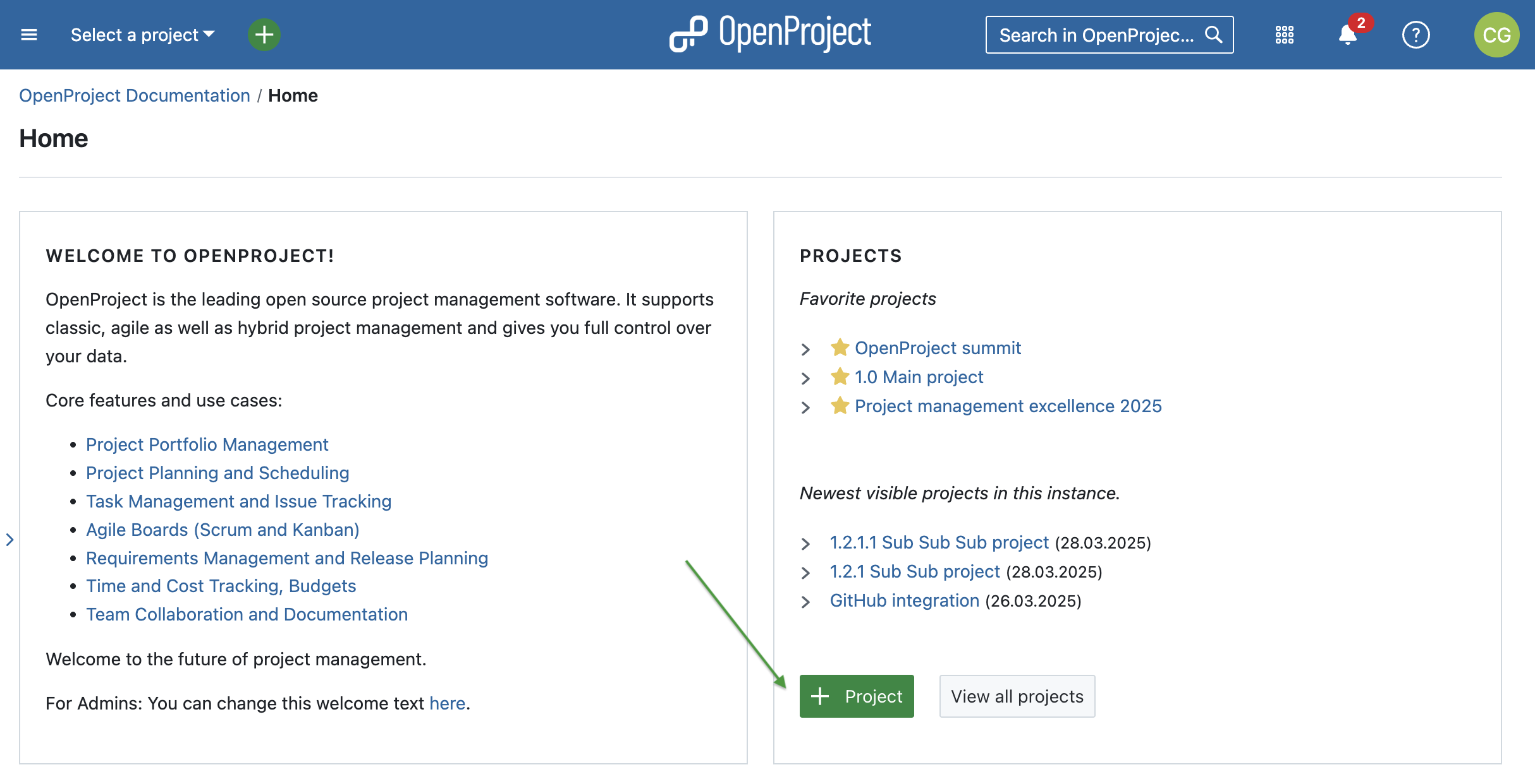 Adicionar novo projeto no OpenProject - através da página de síntese do projeto