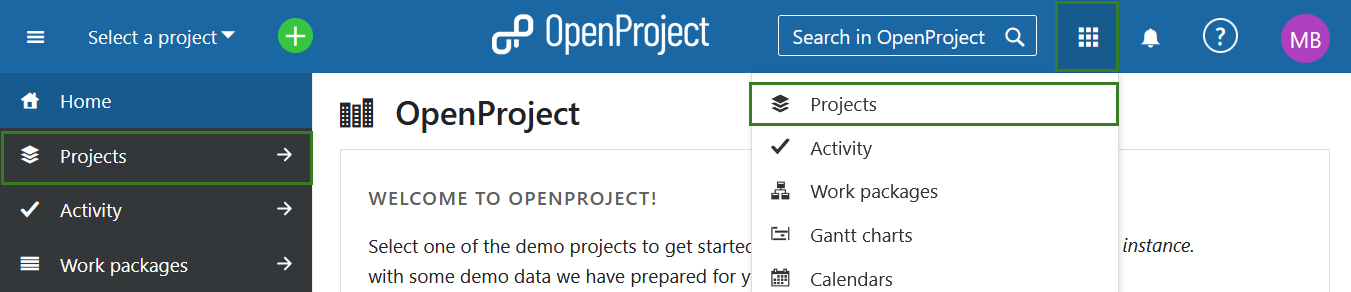 Abrir uma lista de todos os projetos existentes no OpenProject