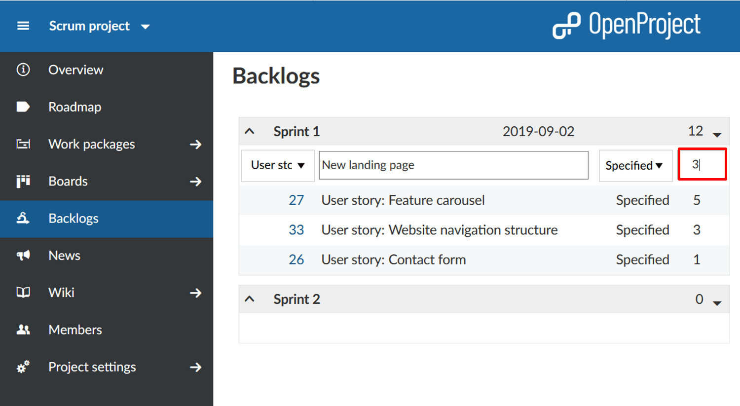 guia do utilizador backlogs modificar pontos de história