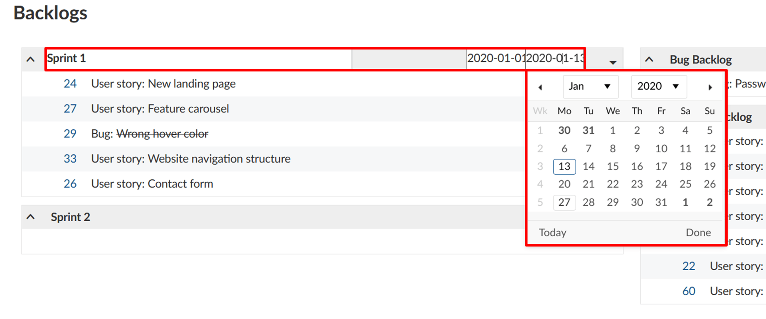 guia do utilizador backlogs duração do sprint