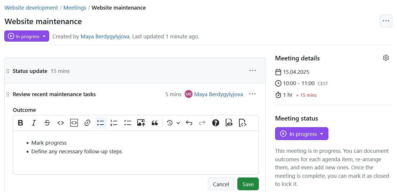 Editor zum Eingeben oder Bearbeiten von Tagesordnungspunkt-Ergebnissen in OpenProject-Meetings