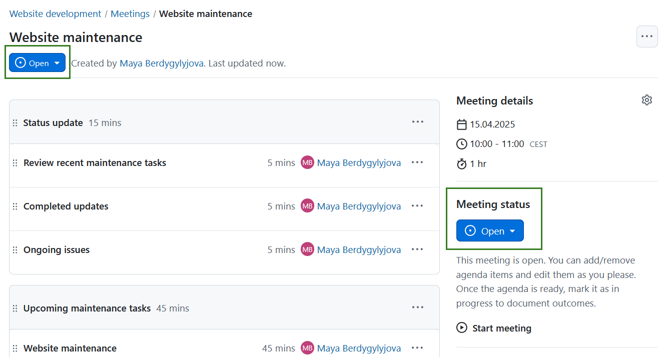 Besprechungsstatus in OpenProject