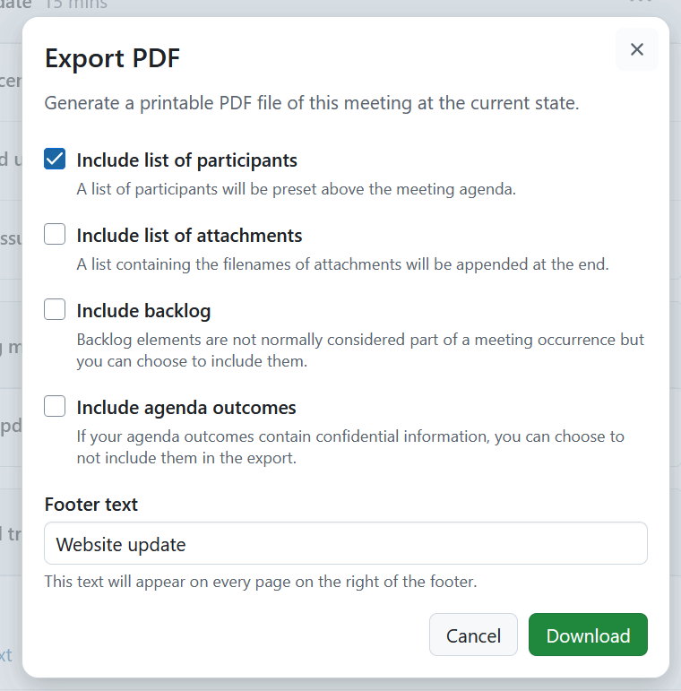 Dialogfeld zur Spezifizierung des PDF-Exports einer Besprechung in OpenProject