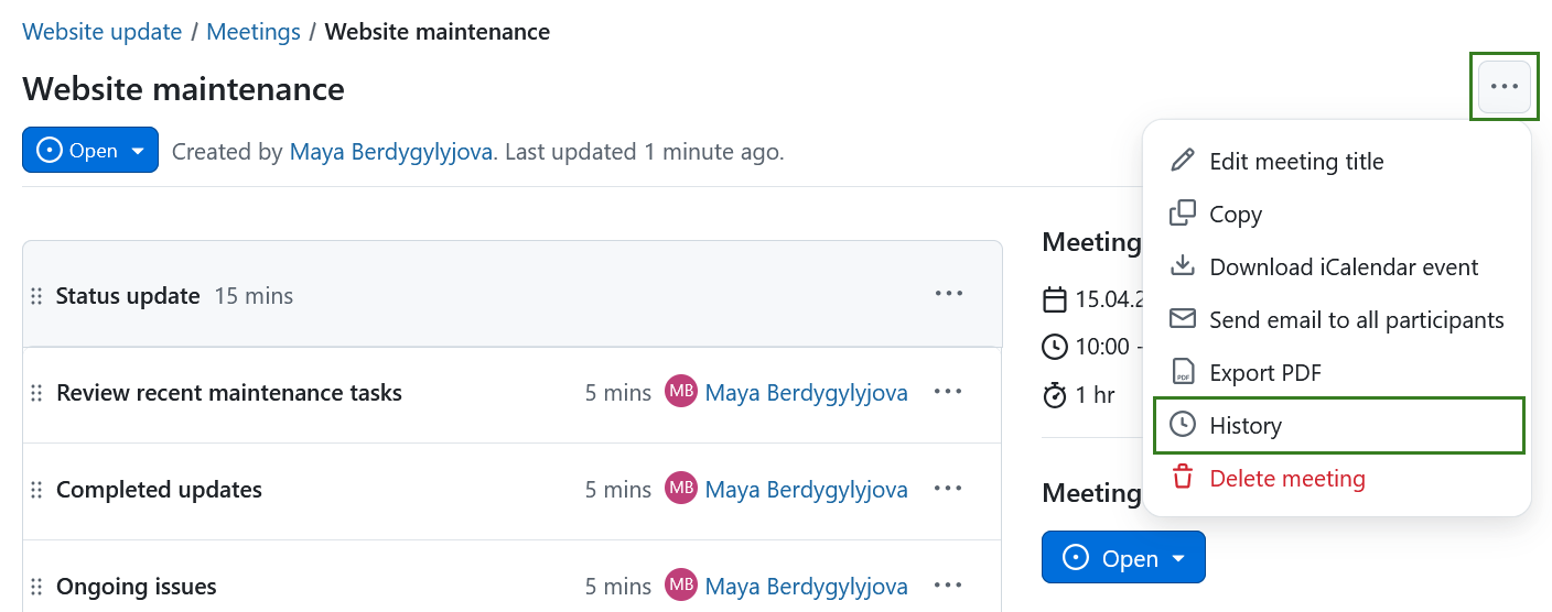 Wählen Sie die Option Besprechungsverlauf in OpenProject Meetings
