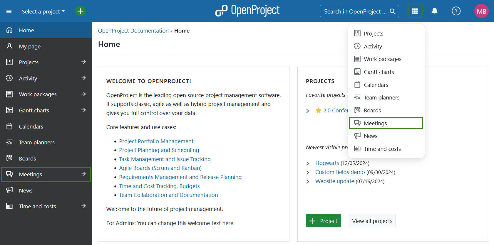 Sélectionnez le module Réunions de la liste des modules globaux d’OpenProject