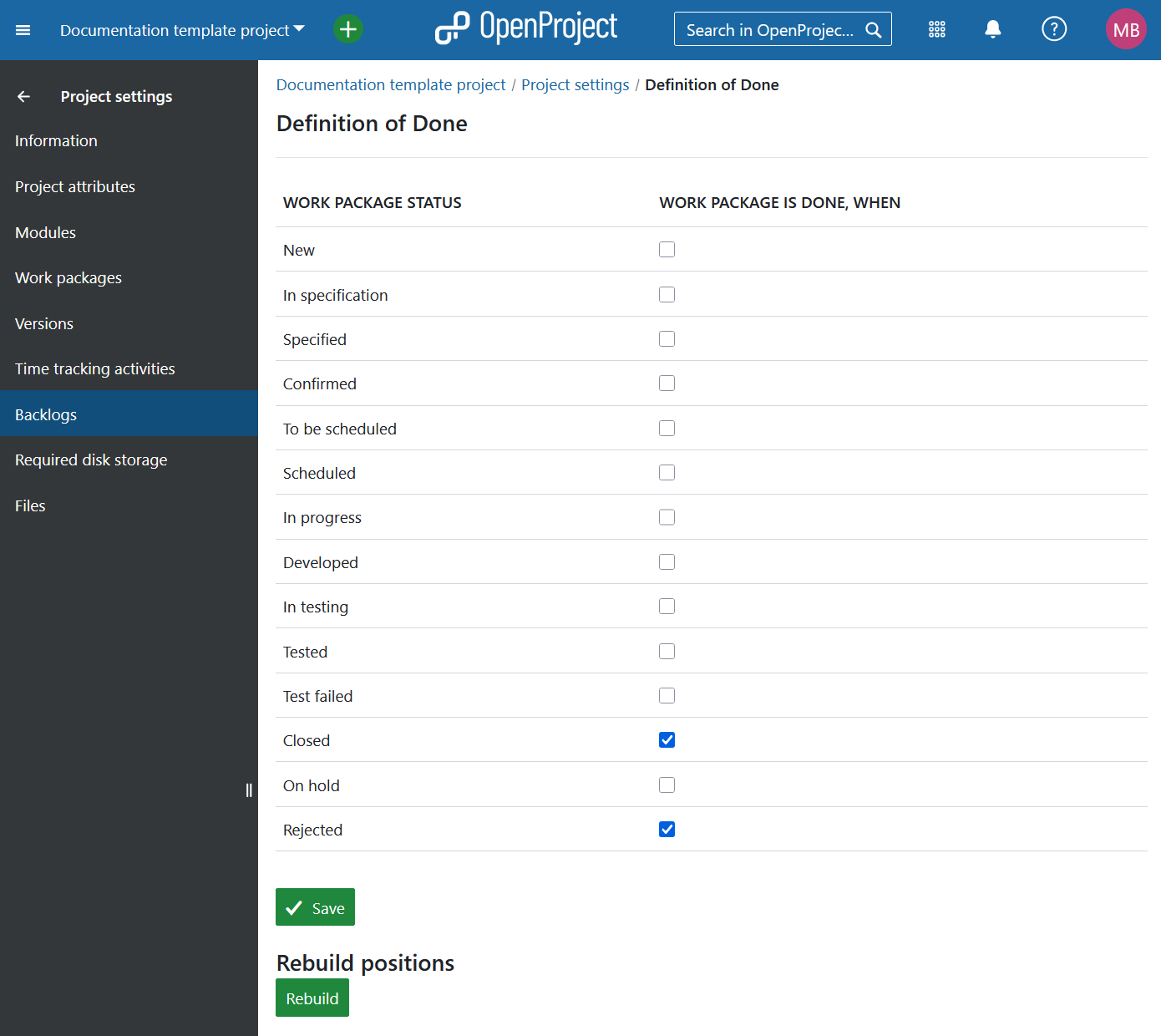 Gestione la configuración de los backlogs en la configuración del proyecto en OpenProject