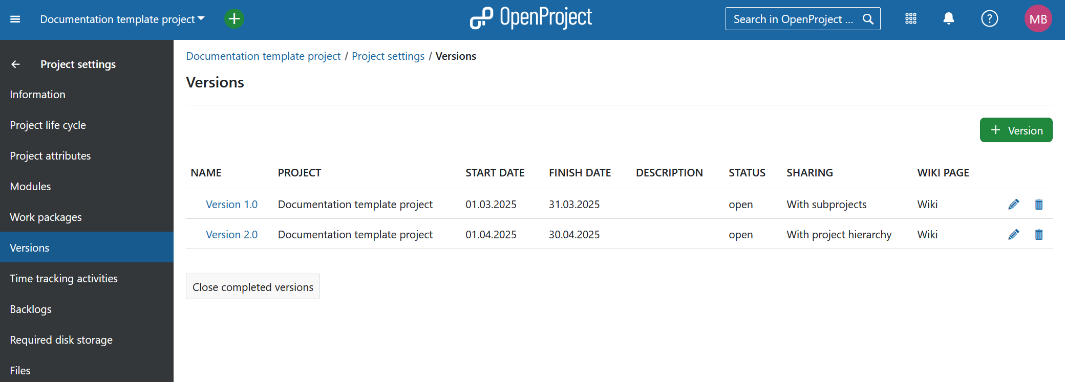Versões nas definições do projeto no OpenProject