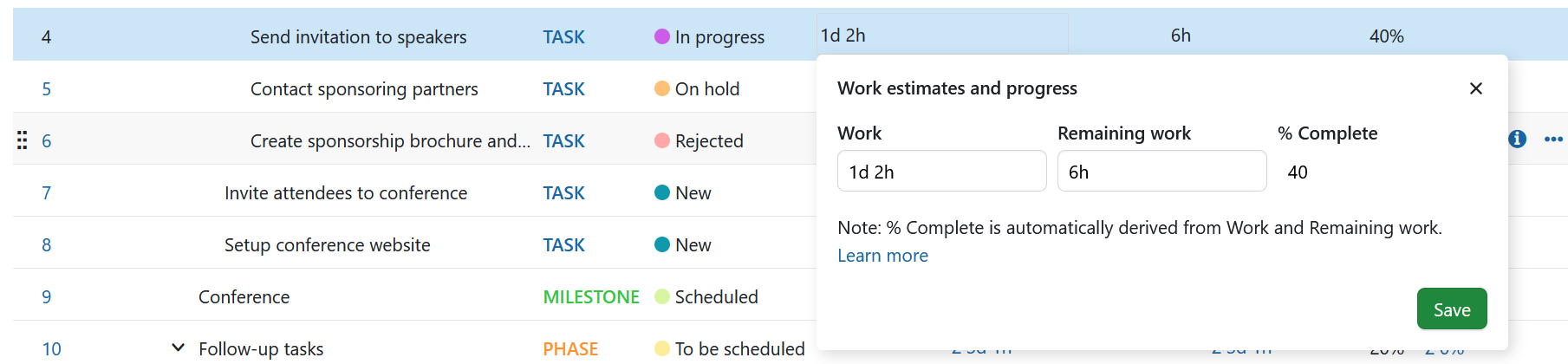 Estimativas de trabalho e progresso com relatório de progresso baseado no trabalho