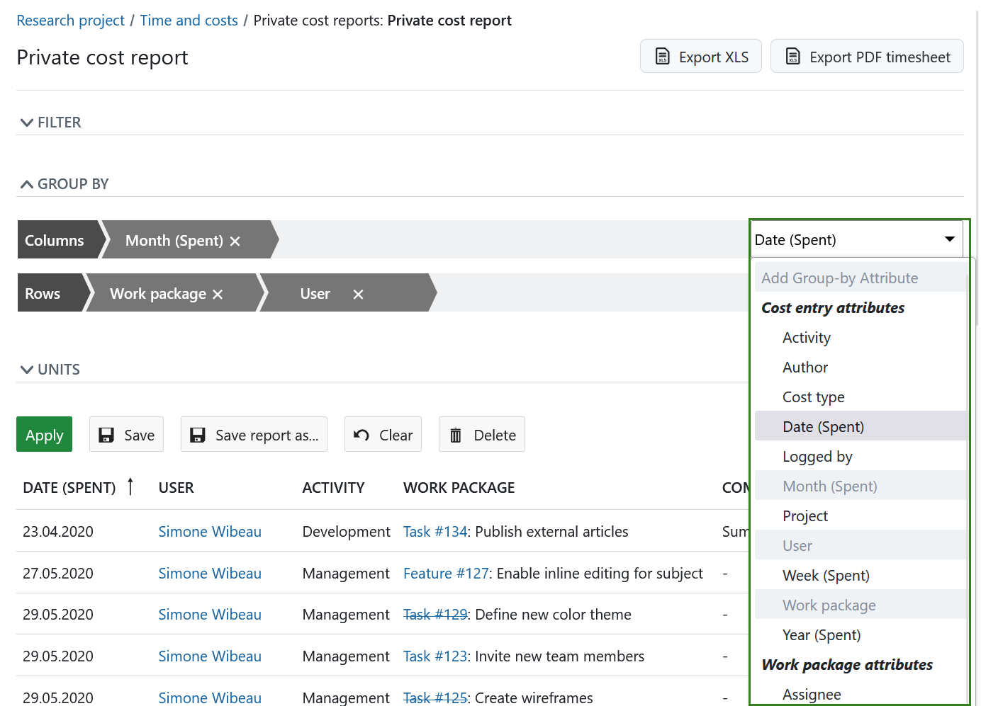 Agrupar relatório de tempo e custos por atributos no OpenProject