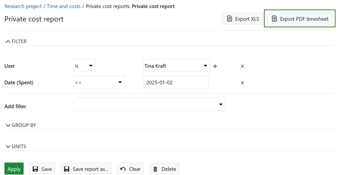 Definições para a exportação da folha de horas para PDF no OpenProject