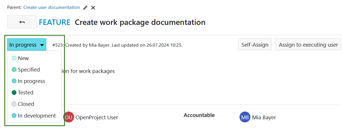Actualizar el estado de un paquete de trabajo en OpenProject