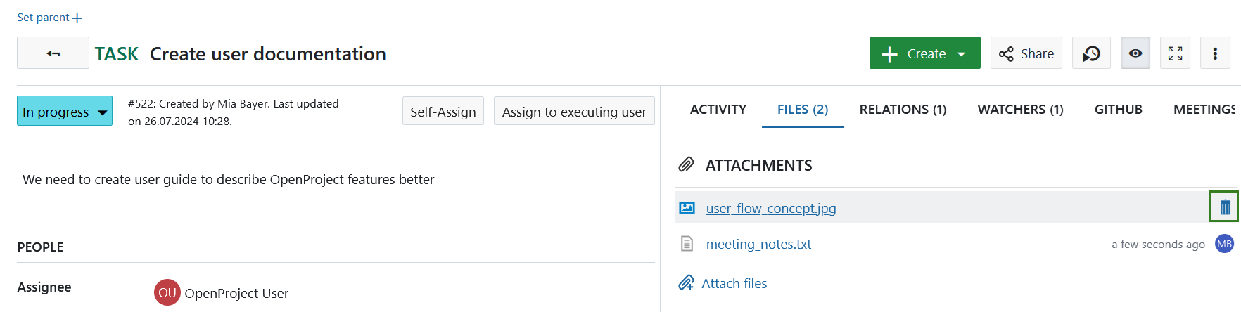 Eliminar un paquete de trabajo adjunto en OpenProject