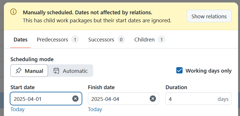 Una pancarta amarilla advierte al usuario de que la programación manual ignorará las relaciones existentes en el selector de fechas de OpenProject