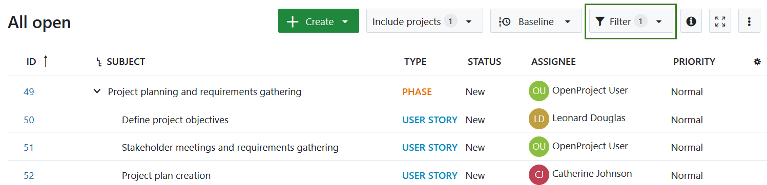 Schaltfläche in der Tabelle der Arbeitspakete in OpenProject